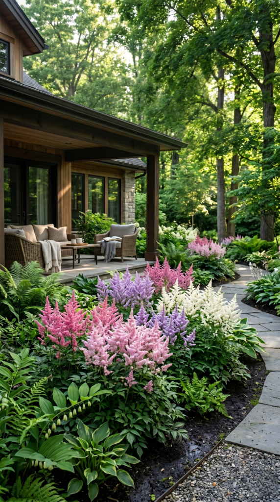 A lush, well-tilled garden bed, the soil dark and crumbly, ready to nurture the growth of vibrant astilbe plants. Sunlight filters gently through wispy clouds, casting a warm, golden glow over the scene. In the foreground, a rake lies abandoned, its metal tines gleaming, evidence of the careful preparation that has taken place. Nearby, a small trowel rests, its wooden handle worn smooth by the gardener's hands. The background is softly blurred, drawing the eye to the inviting texture of the soil, its rich hues and delicate structure, beckoning the astilbe's delicate roots to take hold and thrive.