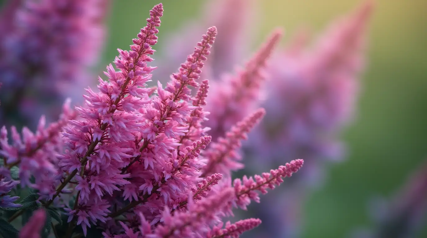 Astilbe flowers in full bloom with feathery, plume-like pink and white blossoms growing in a shaded garden bed, surrounded by lush green foliage – illustrating proper care including partial shade, moist soil, and cool temperatures.