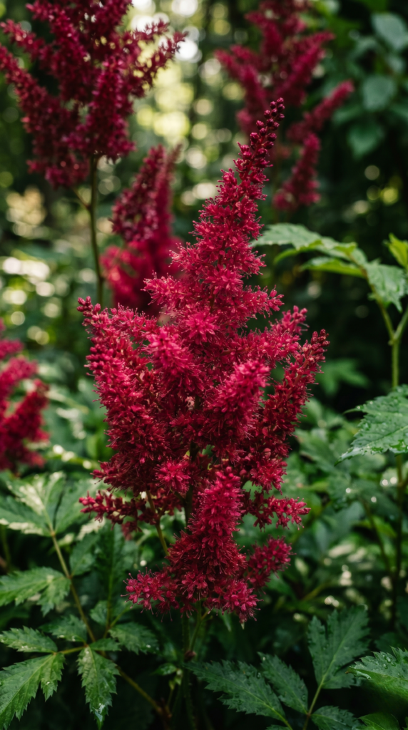 Close-up macro view of a red Astilbe flower in full bloom, showing soft feathery plume-like clusters with delicate fine textures, surrounded by green leaves in a shaded moist garden with natural soft lighting and shallow depth of field.