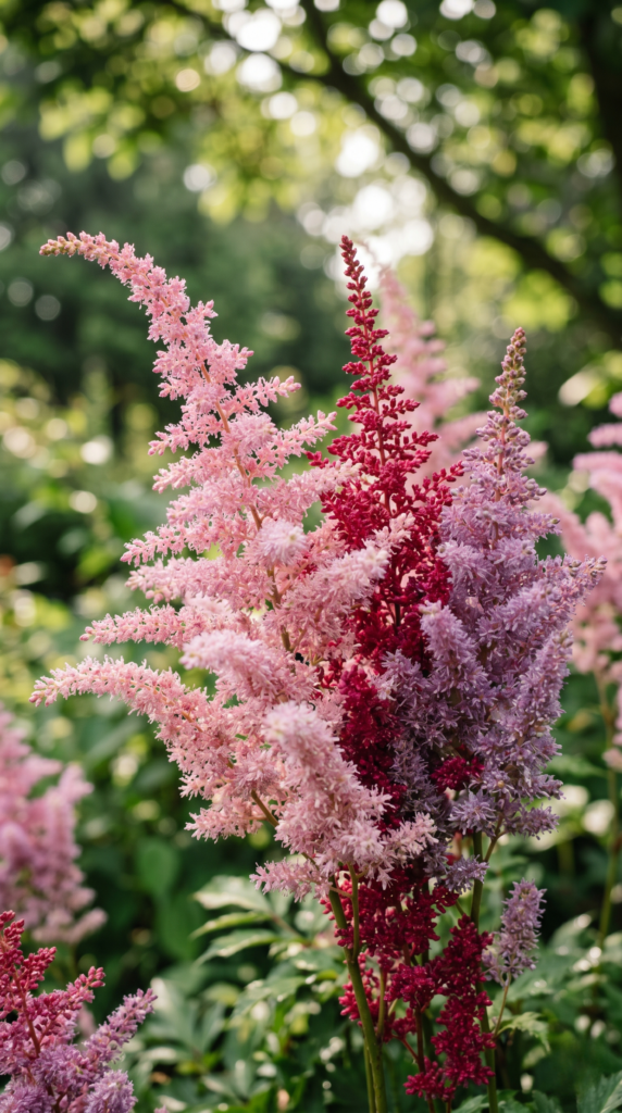 Close-up macro view of blooming Astilbe flowers with soft feathery plumes in mixed shades of pink, red, and purple, showing detailed textures and natural garden lighting in a shaded outdoor setting.