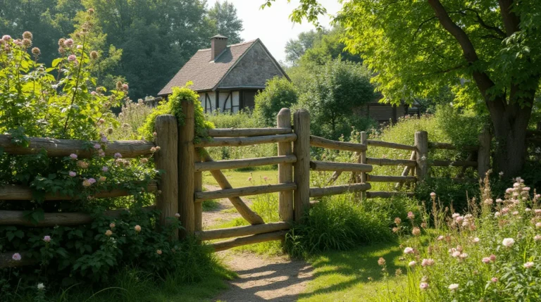 Rustic front yard with stone pathway and wooden fence