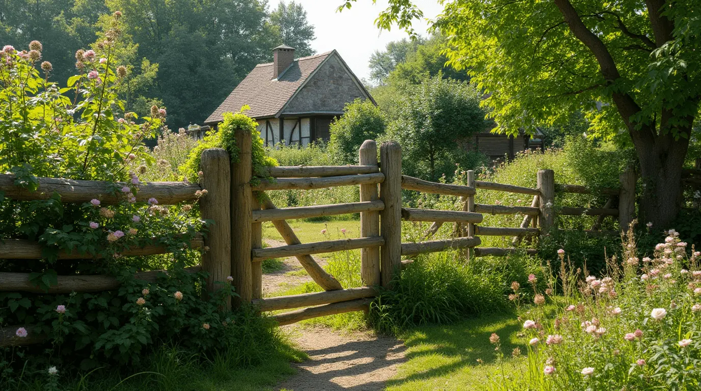 Rustic front yard with stone pathway and wooden fence