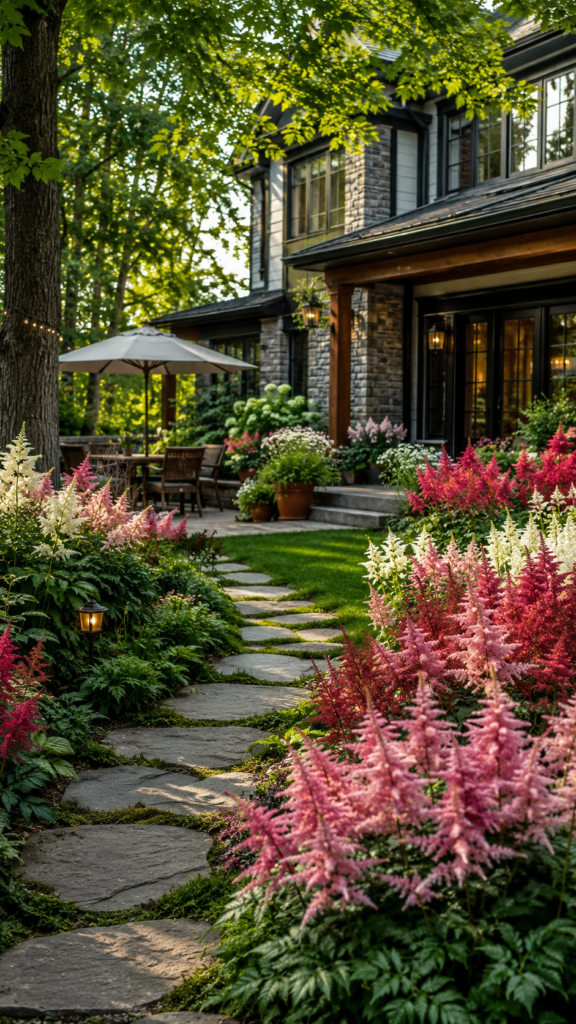 Ultra-realistic outdoor home garden with Astilbe flowers in pink, red, and white blooming in shaded landscaped beds beside a modern house, surrounded by lush greenery, stone pathways, and soft natural sunlight creating a peaceful luxury backyard atmosphere.