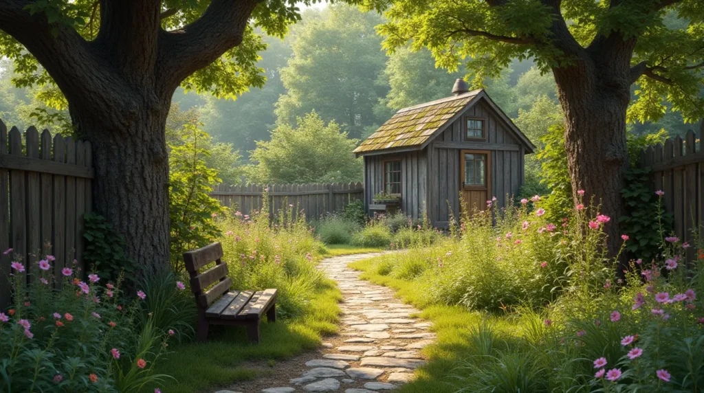 A lush, rustic garden oasis with a charming, weathered fence framing the scene. In the foreground, a meandering stone path leads through a riot of vibrant wildflowers and herbs, their petals and leaves dancing in the gentle breeze. Towering, gnarled trees create a canopy overhead, casting warm, dappled light over the tranquil landscape. Weathered wooden benches and old-fashioned garden decor accent the space, adding to the timeless, pastoral ambiance. In the distance, a rustic shed or greenhouse stands, its weathered boards and moss-covered roof blending seamlessly into the natural surroundings. The overall atmosphere is one of peaceful, rustic enchantment, inviting the viewer to linger and embrace the simple, earthy beauty of this idyllic garden oasis.