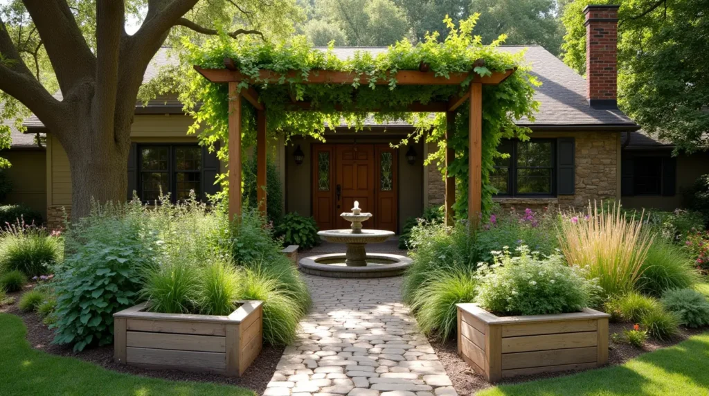 A rustic country scene with a charming front yard oasis. A meandering path leads to a wooden pergola draped in cascading vines, framing a quaint stone fountain. Surrounding the path, lush perennial beds burst with colorful blooms and ornamental grasses sway in a gentle breeze. Weathered wooden planter boxes overflow with trailing vines and fragrant herbs. Overhead, a canopy of mature oak trees filters dappled sunlight, casting warm shadows across the scene. The overall aesthetic is one of inviting, natural beauty - a serene, country-style oasis that elevates the home's curb appeal.