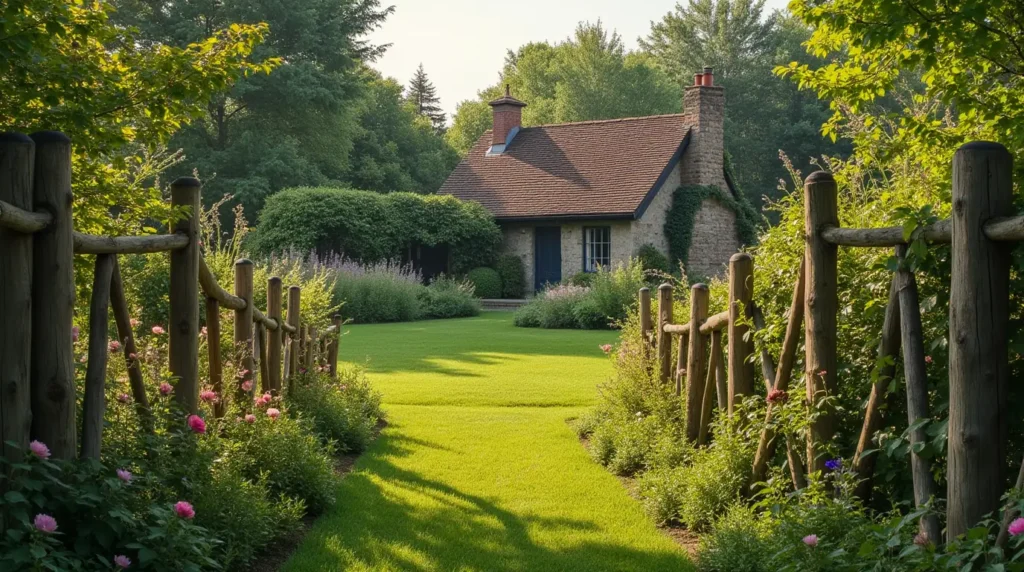 A rustic garden fence in a tranquil front yard, weathered wooden slats and posts intertwined with lush greenery and vibrant wildflowers. The fence meanders organically, casting soft shadows under the warm afternoon sun. Clusters of fragrant roses and climbing vines spill over the top, creating a welcoming, natural barrier. In the distance, a quaint cottage with a pitched roof and stone chimney nestles amidst a tapestry of verdant foliage. The overall scene emanates a sense of timeless charm and pastoral serenity, inviting the viewer to step into this enchanting, rural landscape.