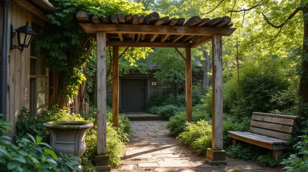 A weathered, rustic wood arbor stands proudly in the foreground, its gnarled beams and peeling paint evoking a sense of timeless charm. Scattered around it, weathered wood accent pieces, from a mossy bench to a half-buried planter, create a harmonious tableau amidst the lush, overgrown foliage of the rustic landscaping. Dappled sunlight filters through the canopy, casting a warm, golden glow over the scene and highlighting the natural textures of the aged wood. The overall atmosphere exudes a sense of tranquility and understated elegance, inviting the viewer to step into this idyllic, timeless corner of the world.