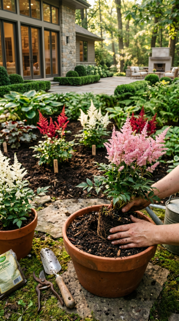 A close-up view of a person's hands carefully planting several vibrant, feathery astilbe plants in a terracotta planter against a soft, blurred background of lush greenery. The soil is rich and dark, contrasting with the delicate, pink-red astilbe foliage. Warm, natural lighting from the side casts gentle shadows, highlighting the textures of the plants and the gardener's attentive movements. The composition is balanced, with the planter positioned centrally, allowing the viewer to focus on the act of planting. An atmosphere of peaceful, earthy tranquility pervades the scene.