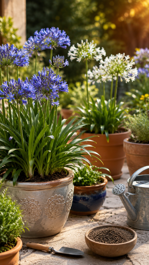 patio garden filled with blooming blue and white Agapanthus plants in decorative ceramic and terracotta pots, surrounded by gardening tools and organic fertilizer under warm golden sunlight. The lush green foliage and elegant flowers create a peaceful luxury garden atmosphere with rich soil textures and a cinematic shallow depth of field.