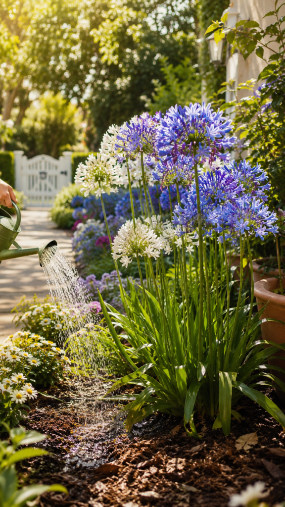 summer garden scene with blooming blue and white Agapanthus flowers lining a sunny backyard pathway. A hand waters the plants with a green watering can beside lush green foliage, mulched soil, terracotta pots, and colorful companion flowers glowing in warm golden morning sunlight.