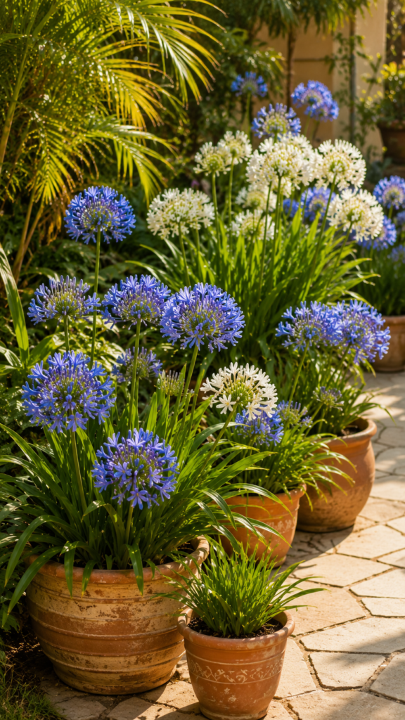 tropical-style patio garden featuring evergreen Agapanthus plants in decorative terracotta pots, showcasing vibrant blue and elegant white spherical flower clusters surrounded by lush green foliage, warm golden sunlight, stone pathway, and a peaceful summer backyard atmosphere.