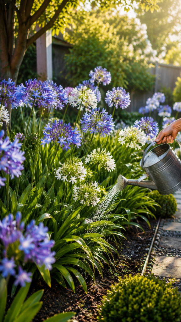 waters blooming Agapanthus flowers in a sunlit backyard garden filled with lush green foliage, purple and white flower clusters, rich mulched soil, and warm golden light filtering through surrounding trees.
