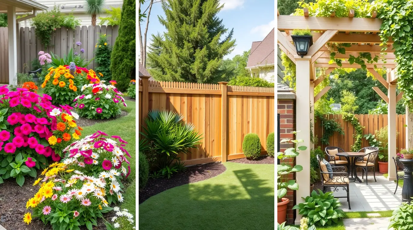 Backyard with a modern landscaping design featuring stone pathways, lush greenery, and a cozy fire pit seating area.