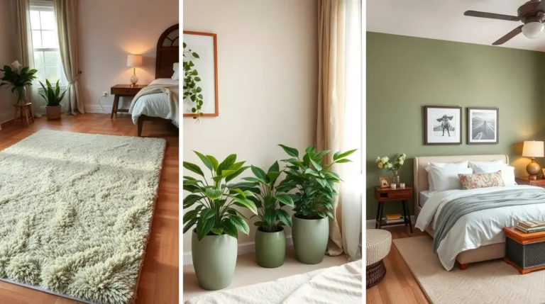 Sage green bedroom with soft bedding, natural wood accents, and calming decor