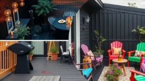 Modern backyard featuring stylish black deck ideas with cozy seating and greenery.