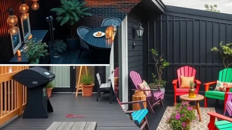 Modern backyard featuring stylish black deck ideas with cozy seating and greenery.