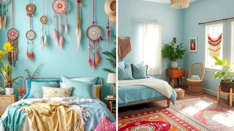 Light blue boho bedroom with cozy textiles and eclectic decor elements
