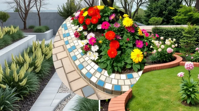 Creative garden border with colorful flowers and natural stone edging.