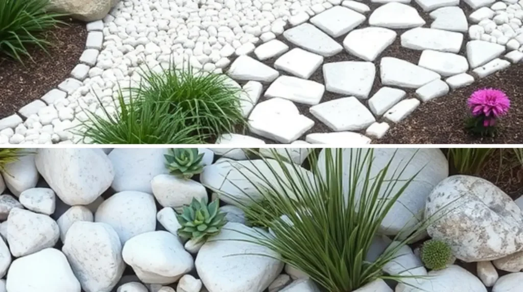 white stone garden ideas featuring elegant landscaping with clean white pebbles, modern pathways, and serene plant arrangements.