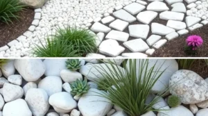 white stone garden ideas featuring elegant landscaping with clean white pebbles, modern pathways, and serene plant arrangements.