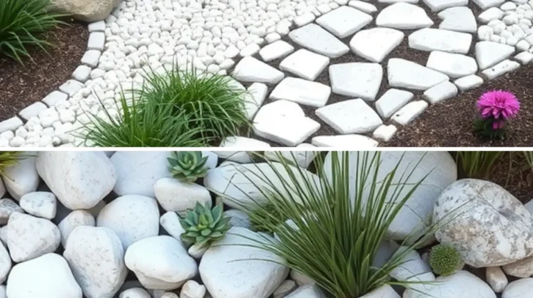 white stone garden ideas featuring elegant landscaping with clean white pebbles, modern pathways, and serene plant arrangements.