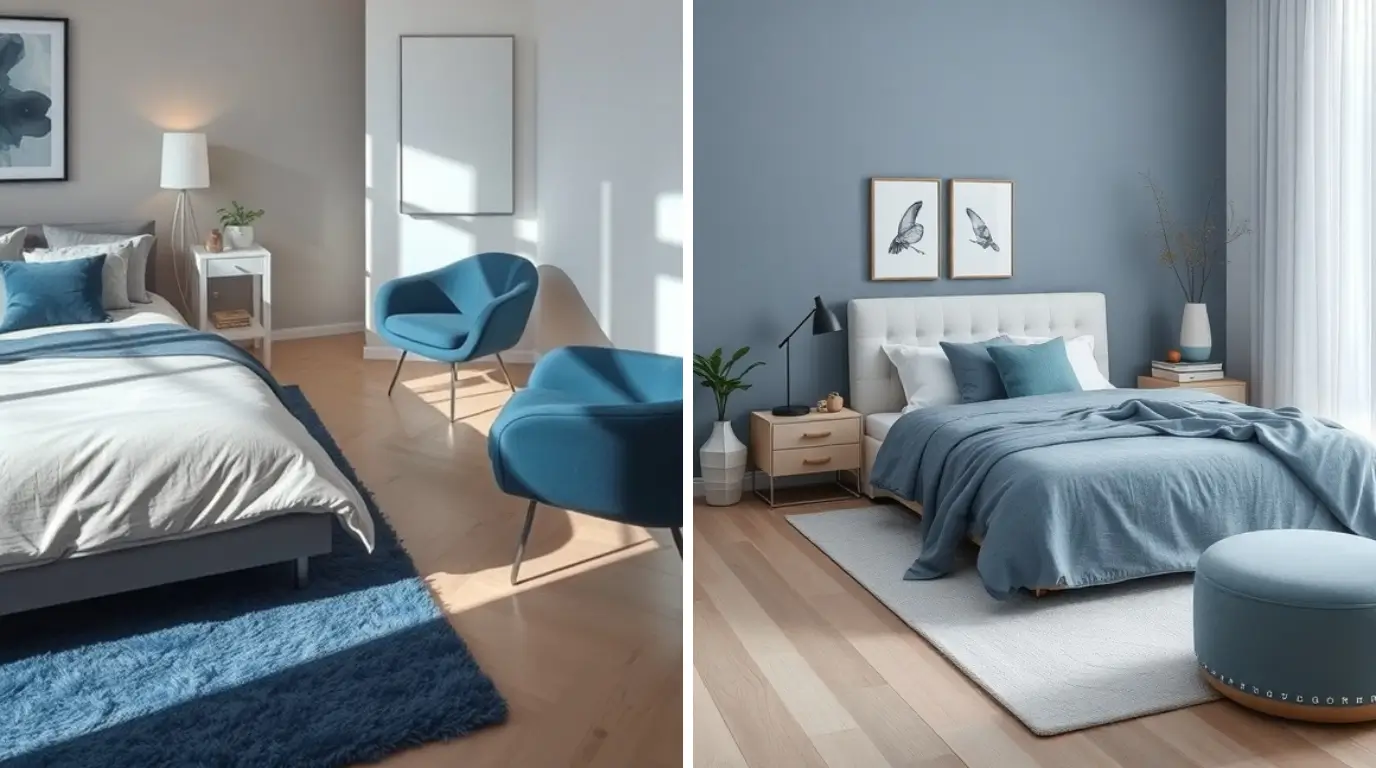 Minimalist bedroom with soft blue accents and cozy neutral decor