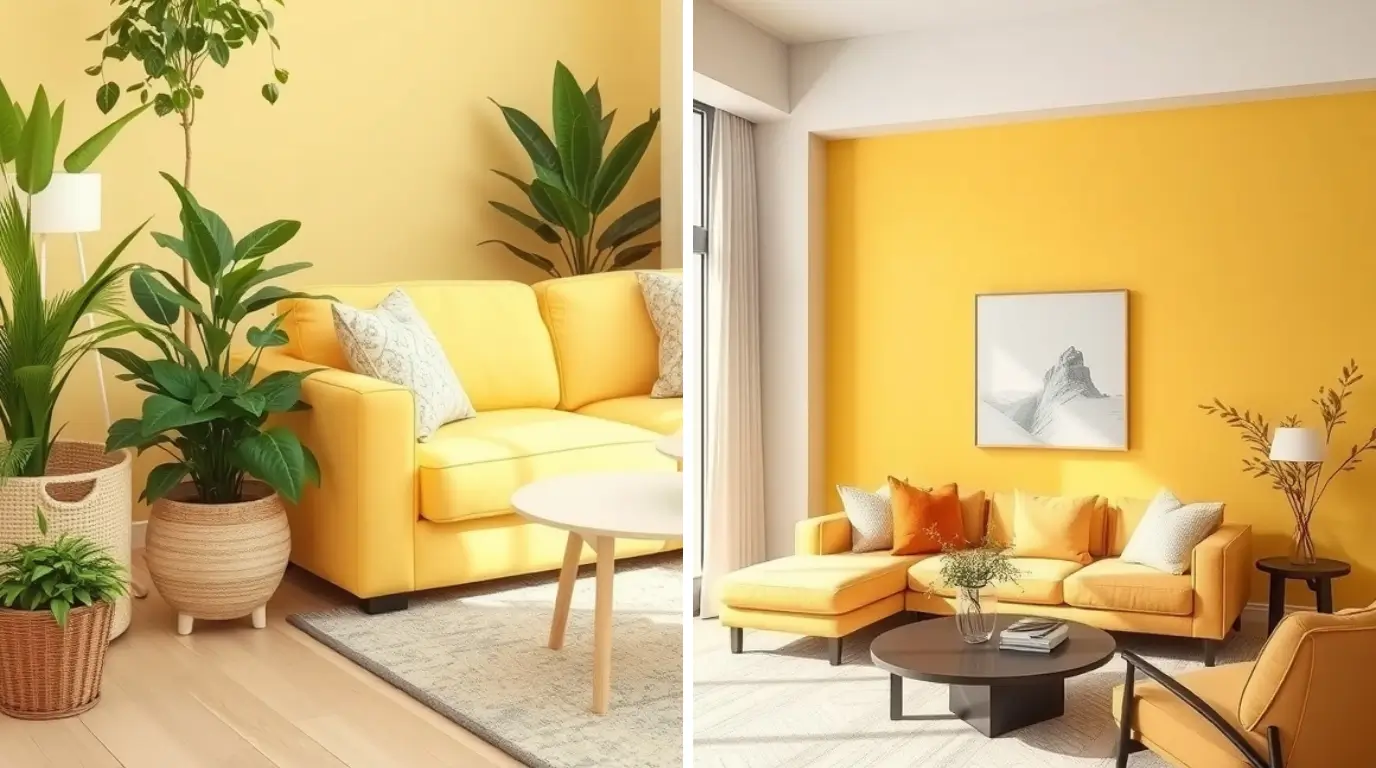Cozy and charming pale yellow living room with soft natural light, elegant furniture, and cheerful décor accents.