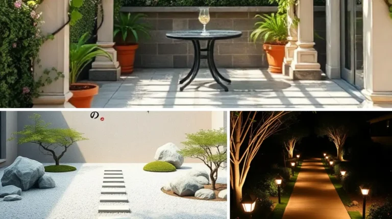 Beautifully landscaped backyard with stone pathway, lush greenery, and colorful flower beds showcasing creative yard design ideas.