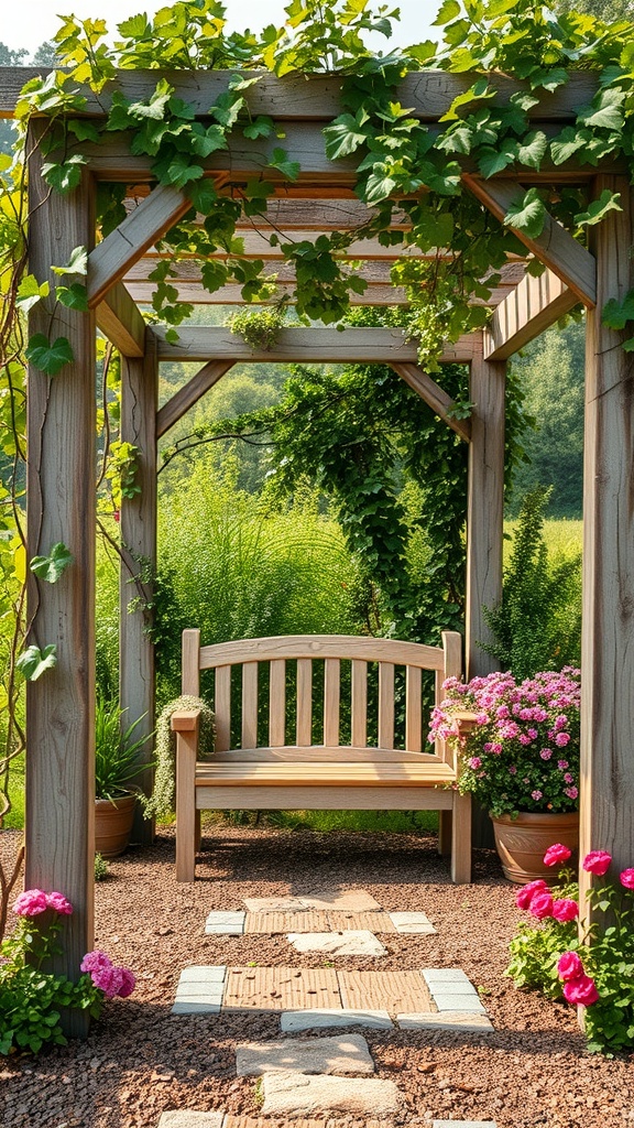 A wooden arbor with a bench surrounded by flowers and greenery.