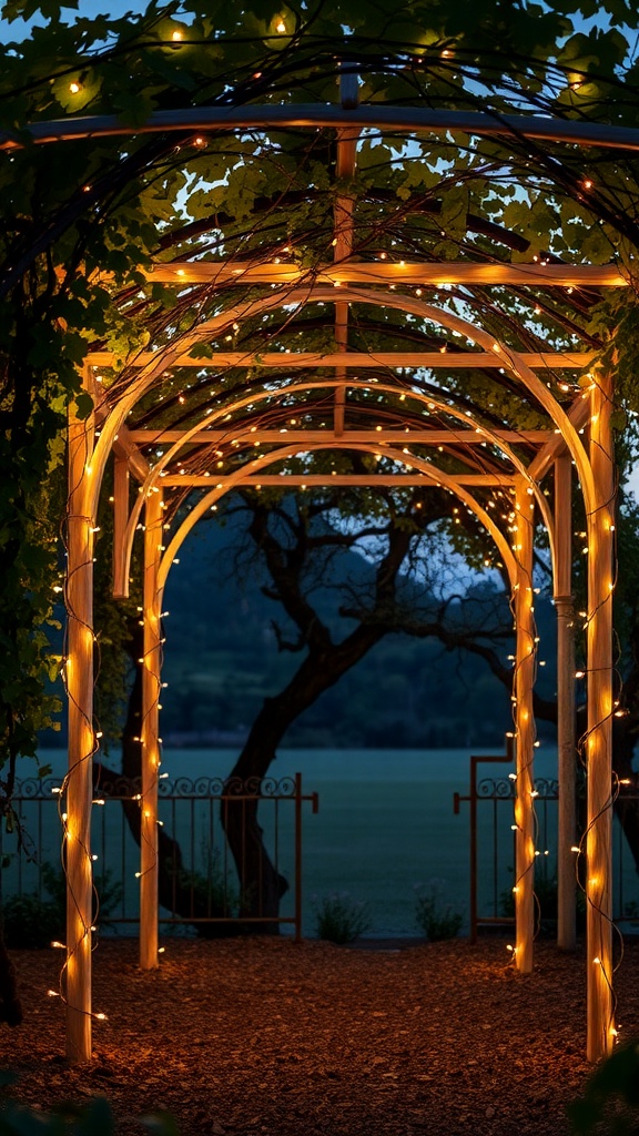 A grape arbor adorned with fairy lights, creating a cozy evening atmosphere.