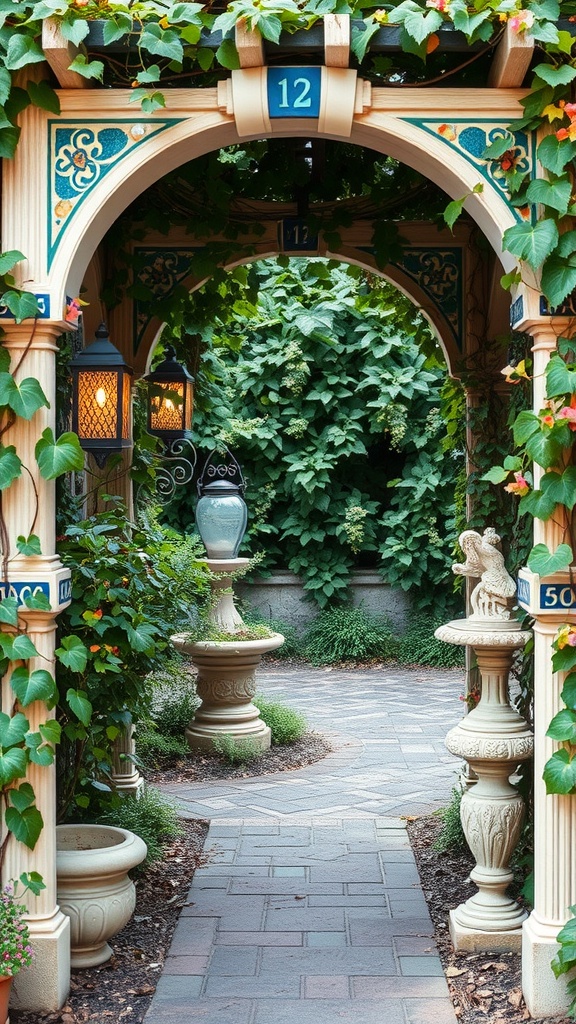 A decorative grape arbor adorned with mosaic tiles and surrounded by greenery.
