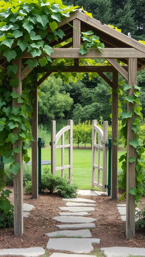 A rustic grape arbor with wooden beams and green vines, leading to an open gate.