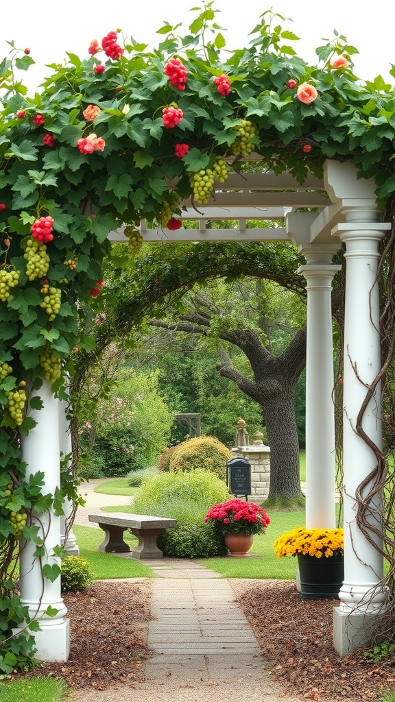 A beautiful grape arbor adorned with colorful flowers and greenery.