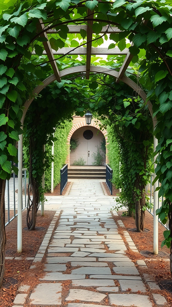 A beautiful arbor covered in green vines with a stone pathway leading to a door.