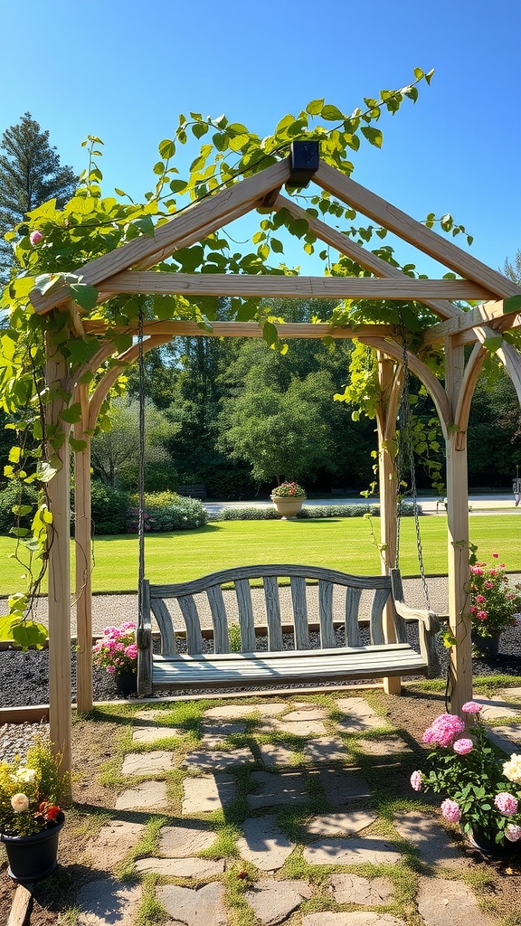 A wooden arbor with a swinging bench, surrounded by flowers and grapevines.