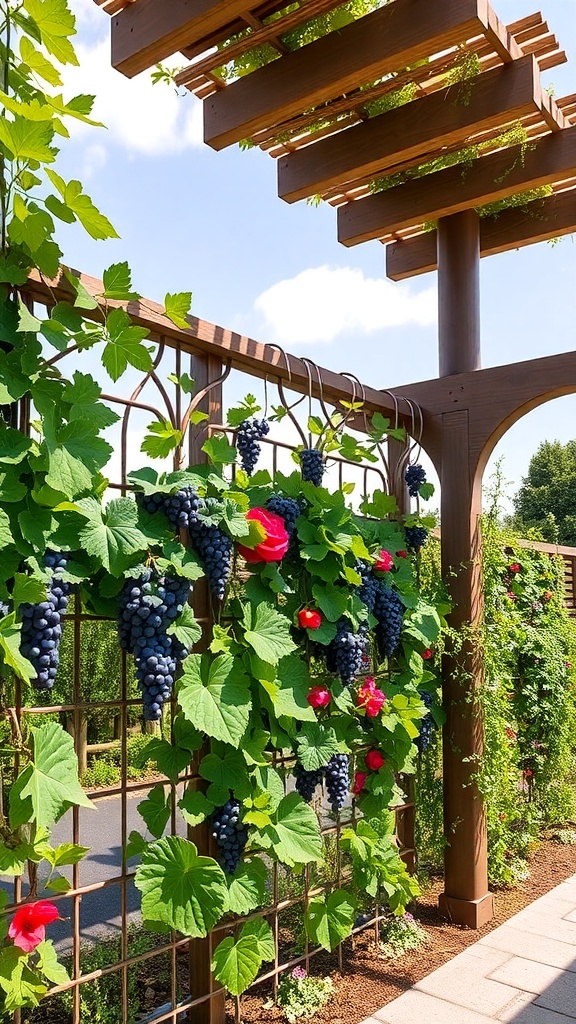 A beautiful grape arbor with hanging grapes and vibrant flowers in pots.