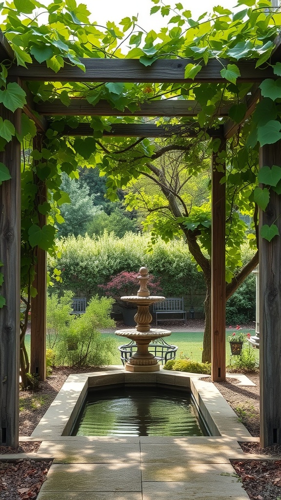 A grape arbor with lush green leaves and a water fountain in a serene backyard setting.