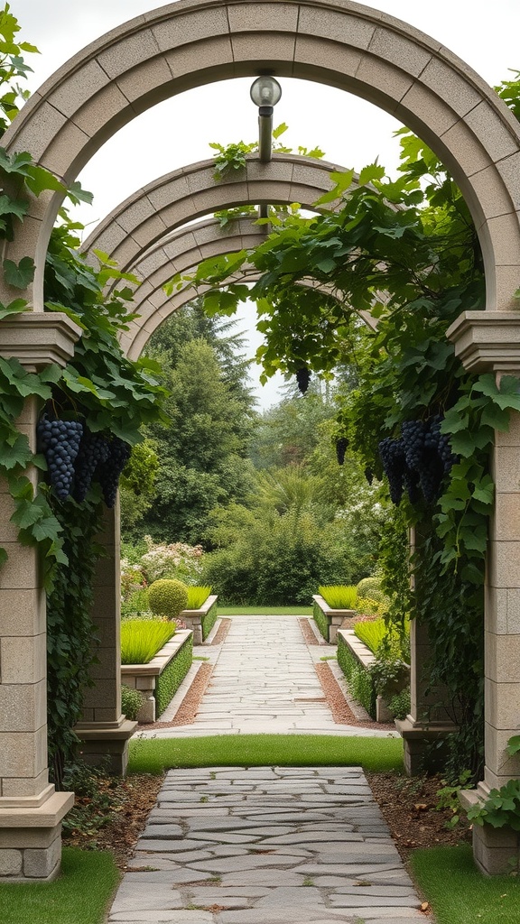 Arched stone arbor with grapevines and a stone pathway in a garden.