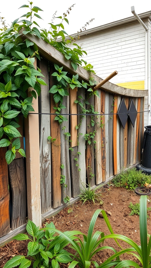 Artisan garden fence with mixed wood tones and greenery