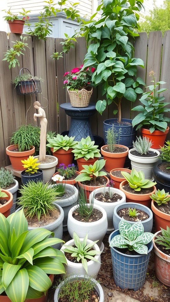 A vibrant collection of potted plants in various containers, showcasing an artistic container garden.