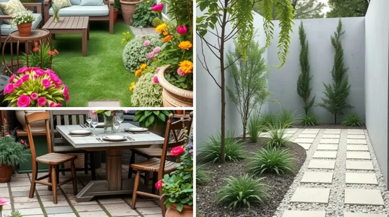 Charming small back garden with cozy seating area, lush greenery, and decorative pathway.