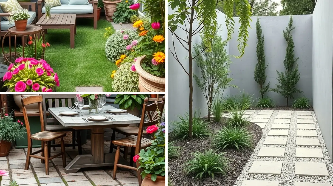 Charming small back garden with cozy seating area, lush greenery, and decorative pathway.