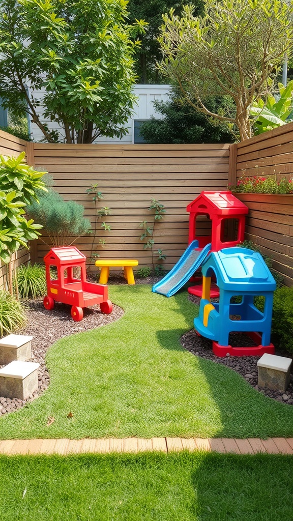A small back garden layout featuring a children's play area with a slide, playhouse, and toy train.
