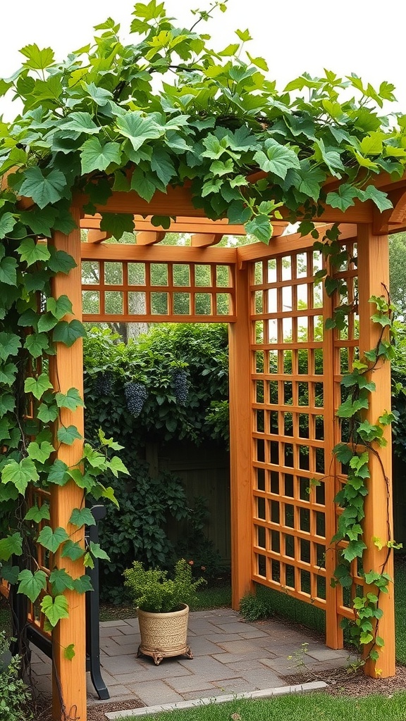 A classic cedar arbor with lattice, covered in green vines, set in a backyard.