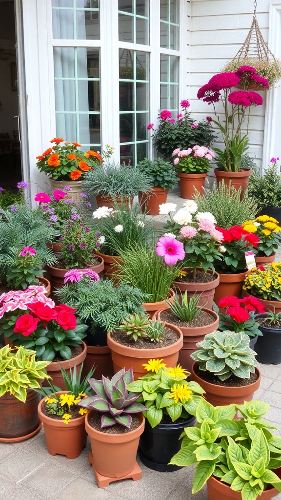A variety of colorful plants in terracotta pots arranged near a window.