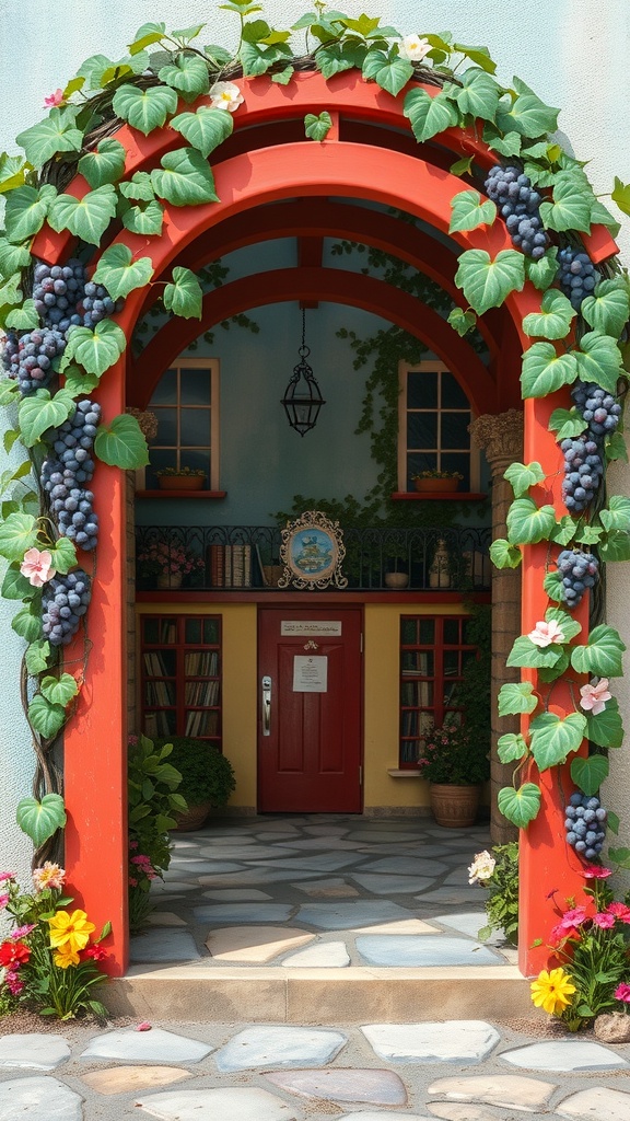 A colorful painted arbor adorned with grapes and flowers, leading to a cozy entrance.