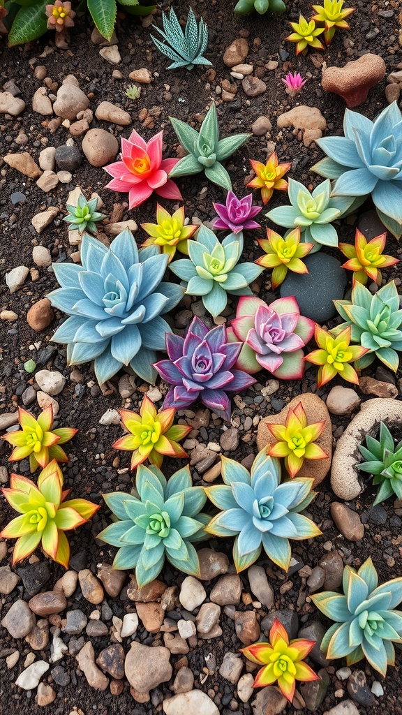 A vibrant arrangement of various colorful succulents in a garden setting.