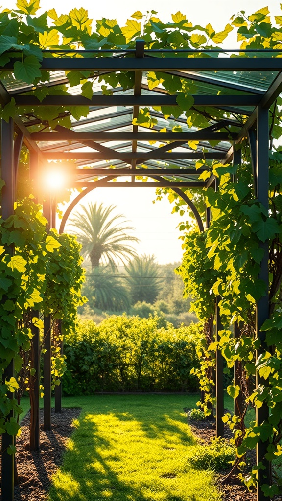 A contemporary glass and steel arbor with green grape vines and sunlight filtering through.