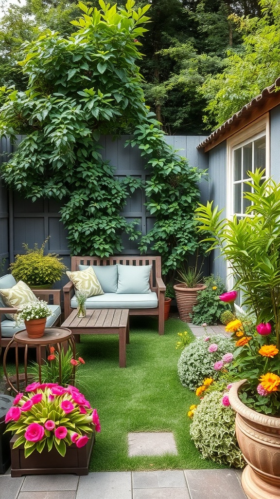 A cozy corner garden with comfortable seating, vibrant flowers, and lush greenery.