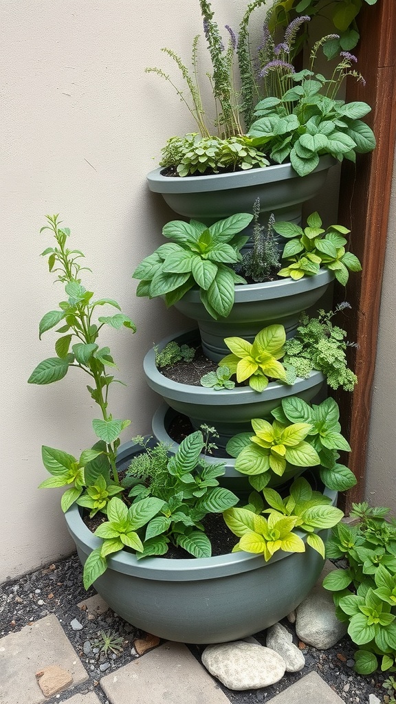 A vertical herb spiral garden with various herbs planted in stacked pots.